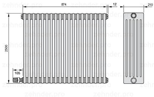 Схема (чертеж) Радиатор Zehnder Charleston 6250/19 №V004 Белый глянцевый RAL 9016